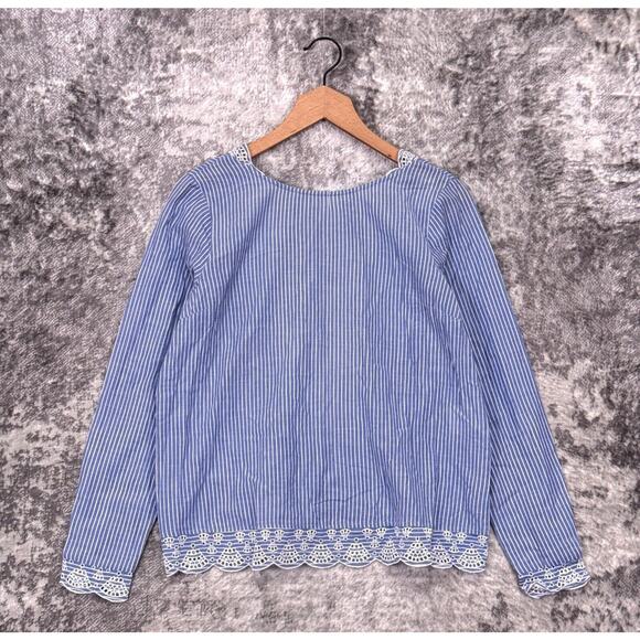 Sezane Top 38 / US 6 Womens Tracy Blouse Blue Striped Scallop Hem Eyelet Tie - Picture 1 of 8